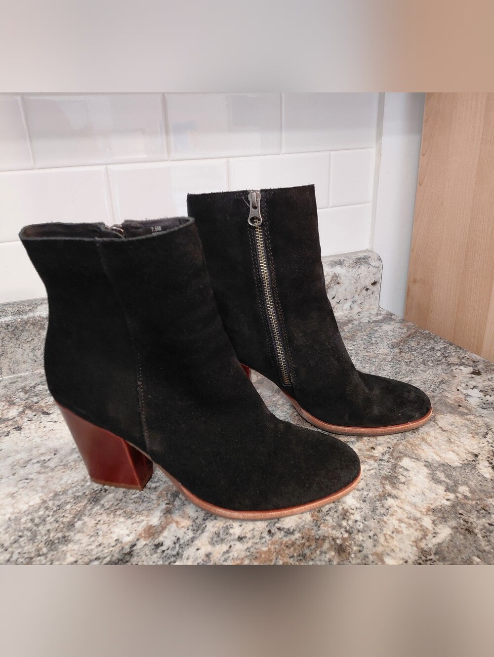 Kork-Ease Black Suede Ankle Boots with Brown Block Heel